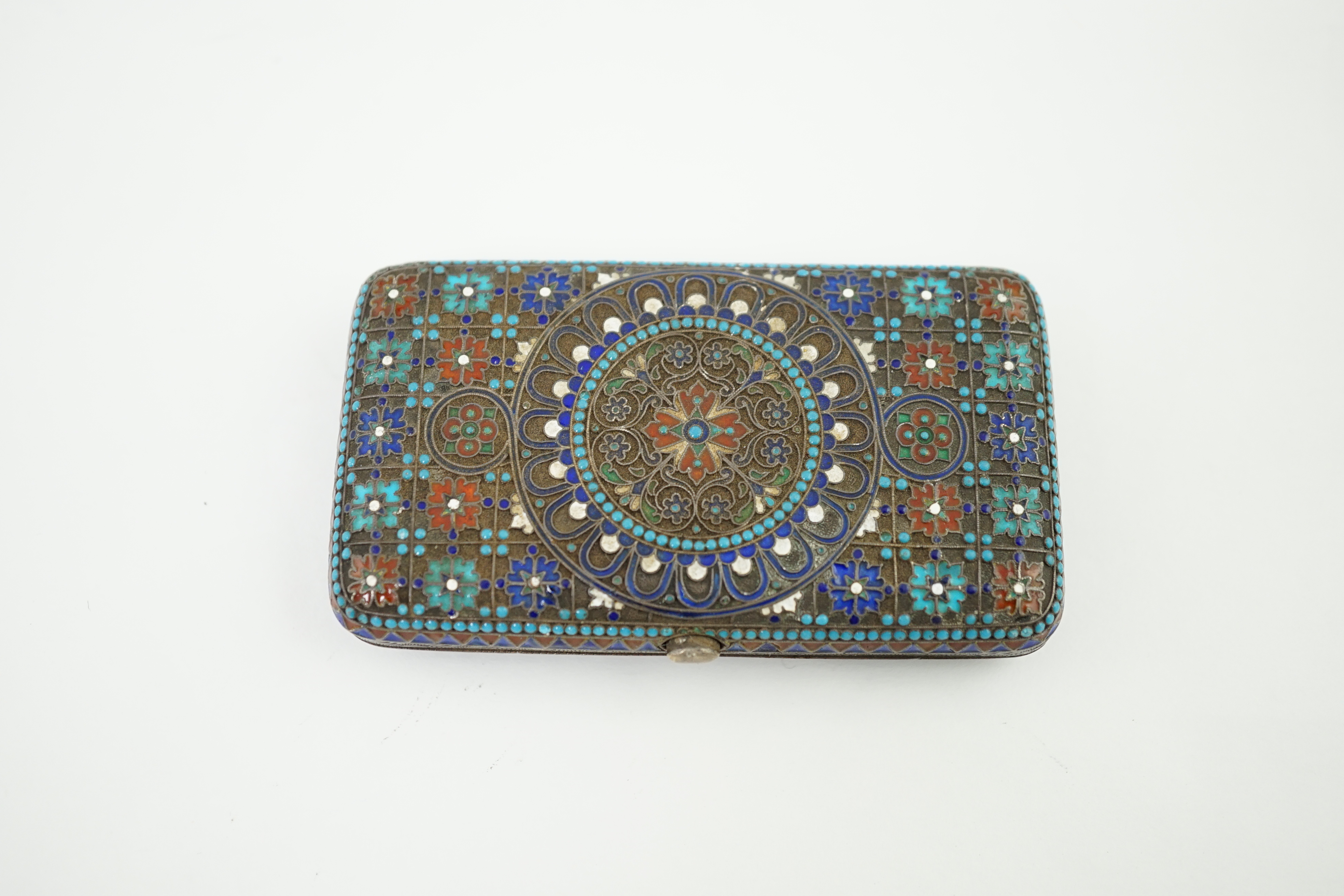 A 19th century Russian 84 zolotnik and cloisonné enamel cigarette case